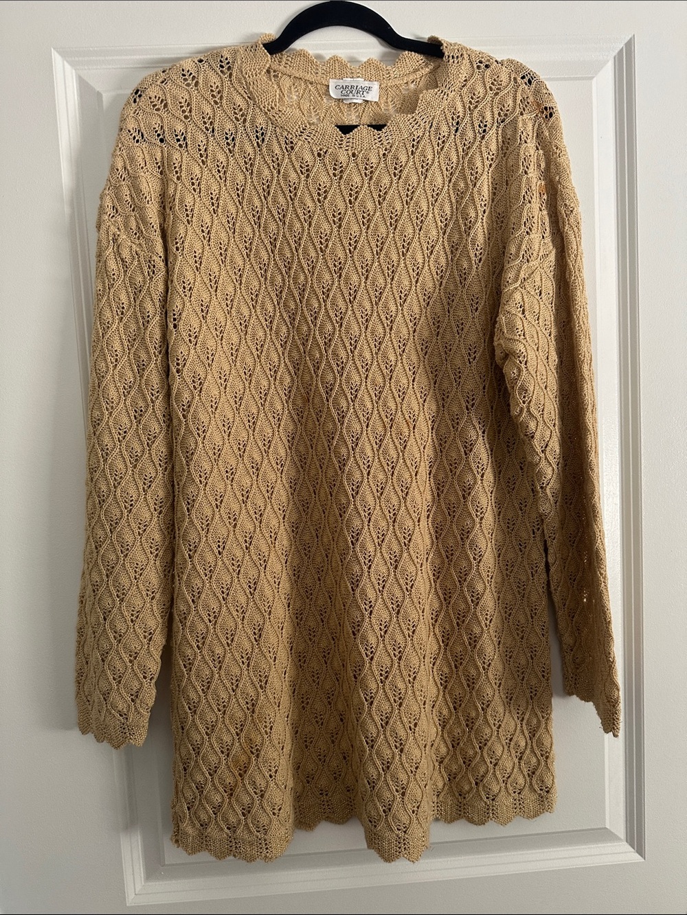 Carriage Court Sparkly Beige Tan Openwork Scoop Neck Sweater